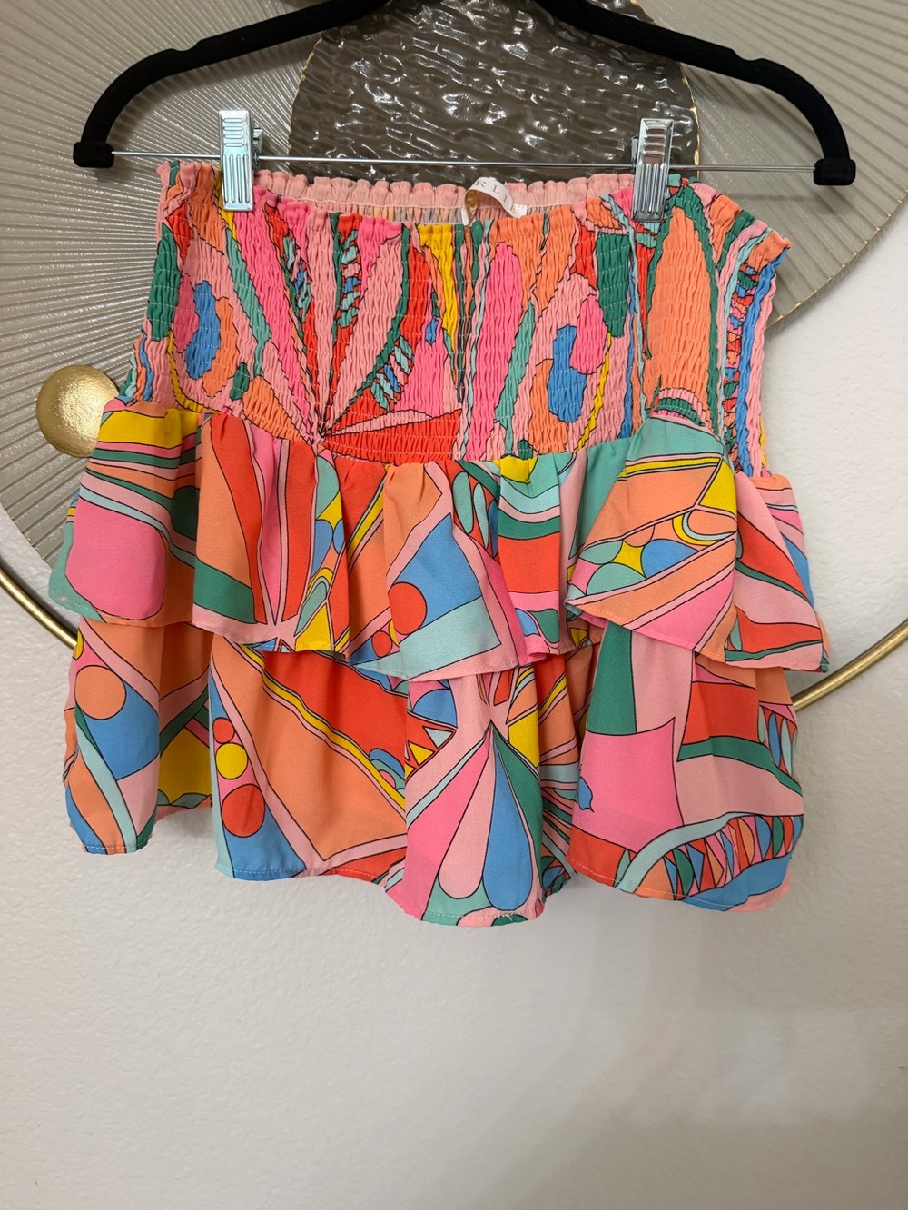 Karlie Peach Smocked Ruffle Mini Skirt with Multicolor Trim